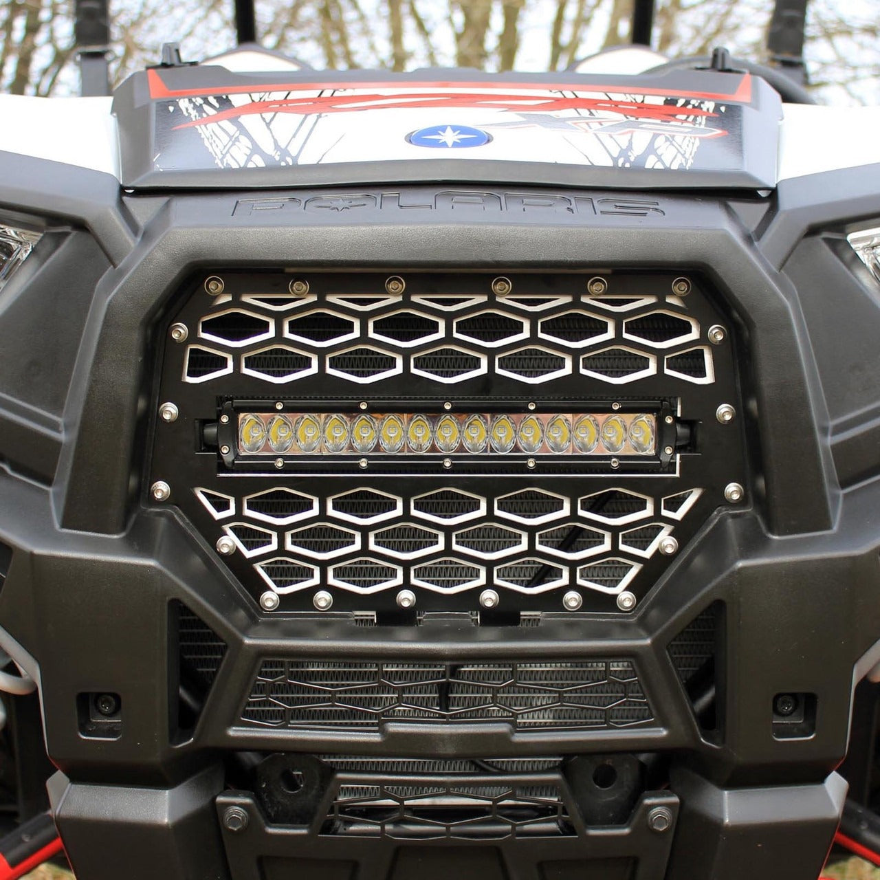 Polaris RZR 900 / XP 1000 / XP Turbo Front Grill  w/10″ Light Bar Mounts ModQuad BLK